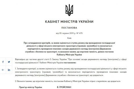 Уряд затвердив критерії, за якими оцінюється ступінь ризику від провадження господарської діяльності у сфері міського електричного транспорту (трамвай, тролейбус)